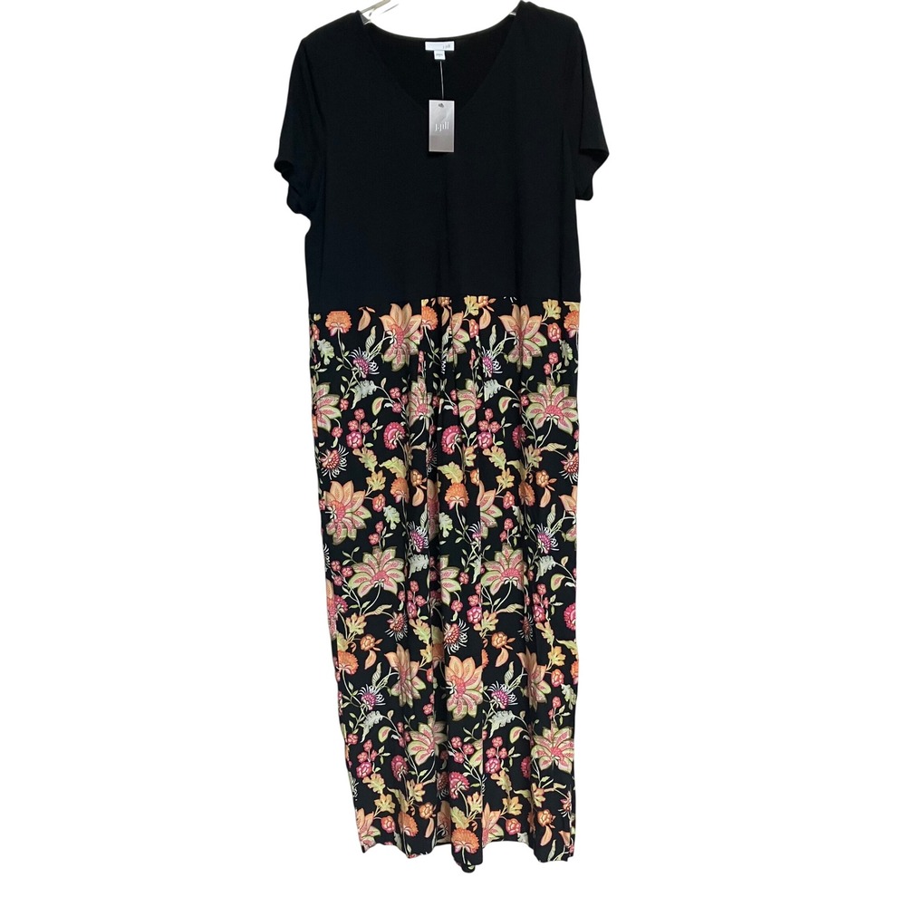 J Jill Women's Maxi Dress Large Black Floral Comfort‎ Knit  Pockets New $119
